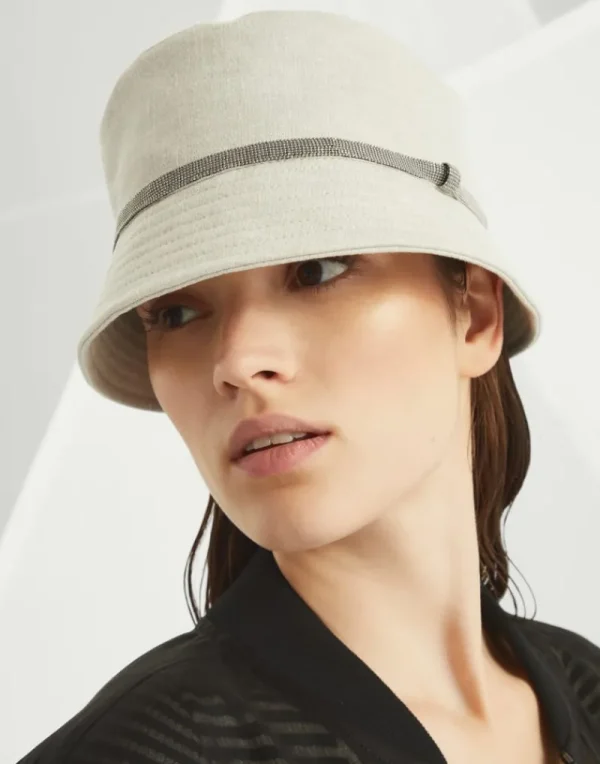 Cappelli-Brunello Cucinelli Cappello Bucket in canvas Sparkling di lino con Shiny Band Beige Freddo (C169)