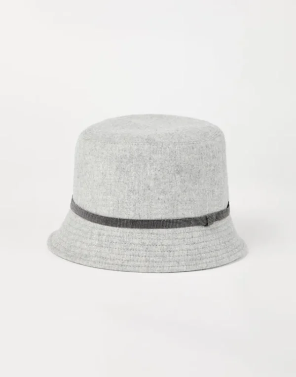 Cappelli-Brunello Cucinelli Cappello Bucket in flanella di lana vergine e cashmere con Shiny Band Grigio Chiaro (C030)