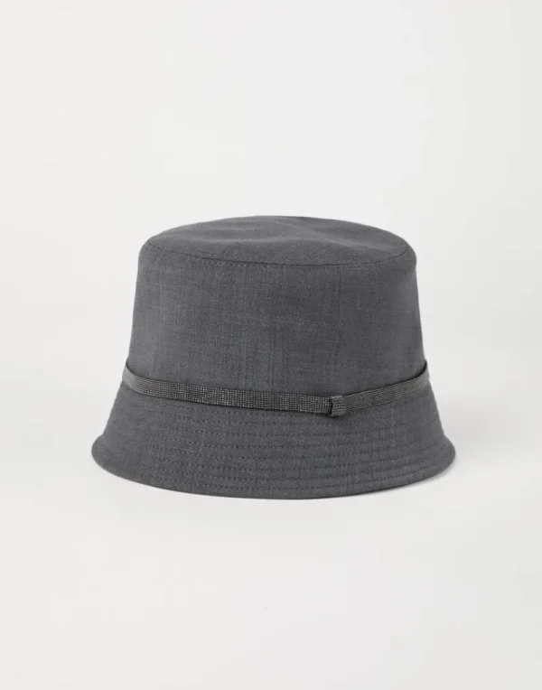 Cappelli-Brunello Cucinelli Cappello Bucket in lana Tropical Luxury con Shiny Band Lignite (C4078)