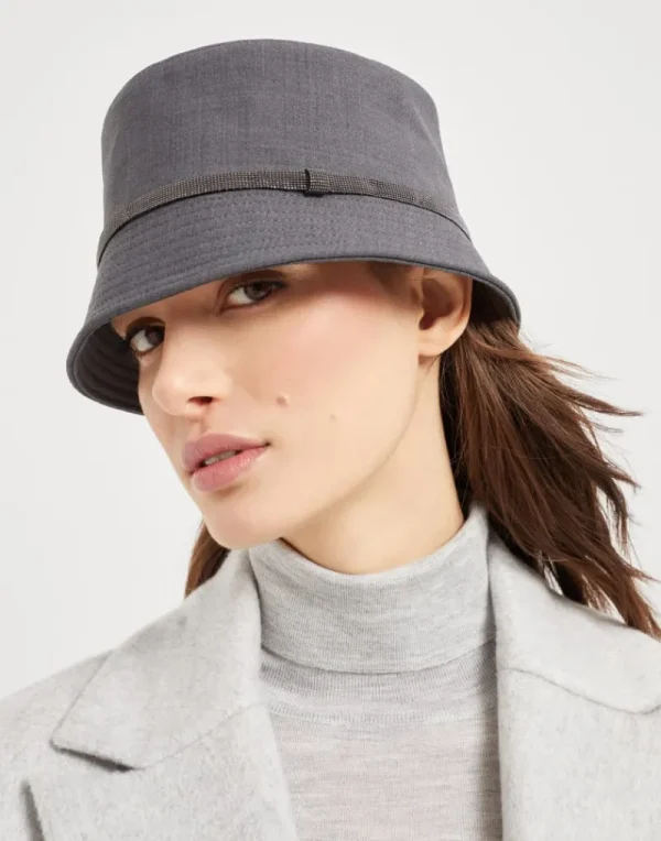 Cappelli-Brunello Cucinelli Cappello Bucket in lana Tropical Luxury con Shiny Band Lignite (C4078)