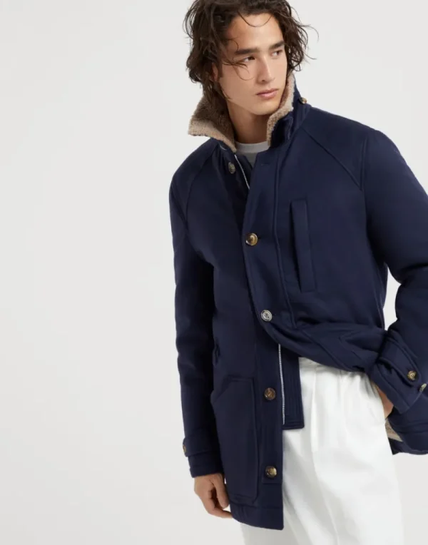 Capospalla-Brunello Cucinelli Cappotto in beaver leggero di cashmere e vicuña con fodera in shearling Blu Navy (CJX65)