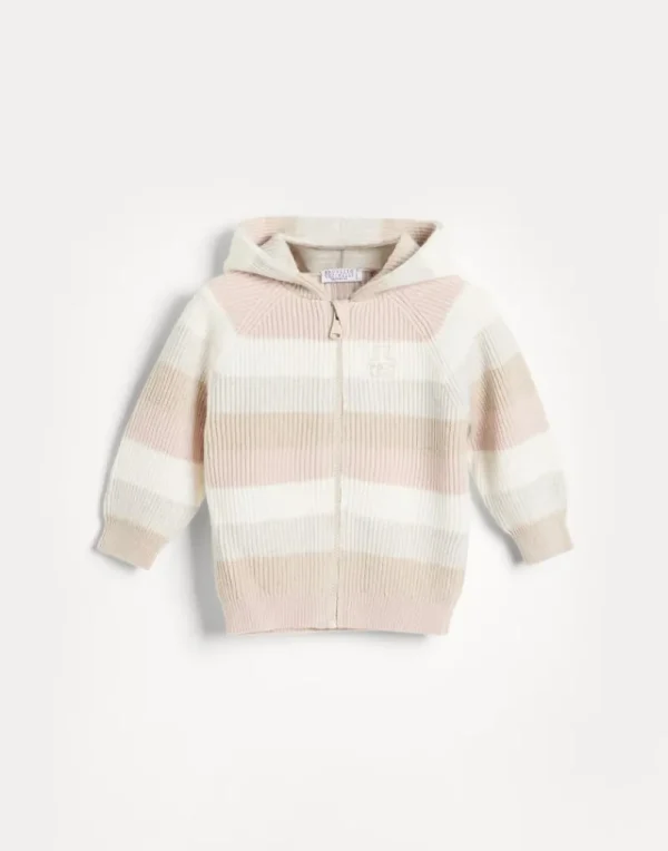 Newborn (0-24 Mesi)-Brunello Cucinelli Cardigan Baby Bernie in cashmere a righe con cappuccio e zip Beige (CDQ18)