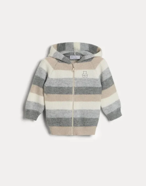 Newborn (0-24 Mesi)-Brunello Cucinelli Cardigan Baby Bernie in cashmere a righe con cappuccio e zip Ciottolo (CSB15)