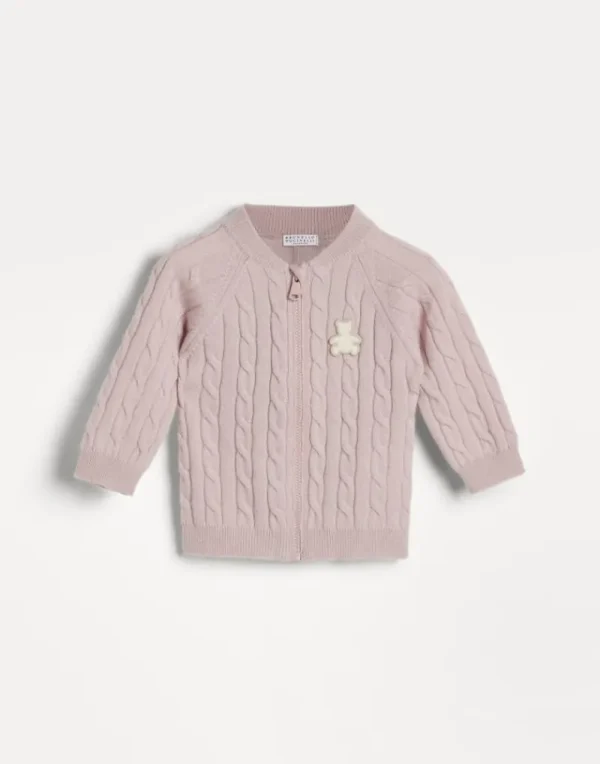 Newborn (0-24 Mesi)-Brunello Cucinelli Cardigan Baby Bernie in cashmere a treccia con zip Rosa (C9433)