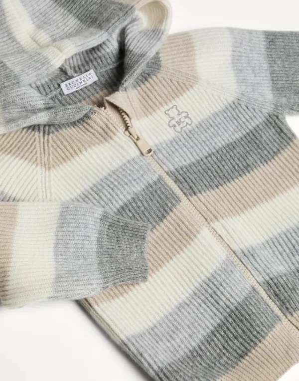 Newborn (0-24 Mesi)-Brunello Cucinelli Cardigan Baby Bernie in cashmere a righe con cappuccio e zip Ciottolo (CSB15)