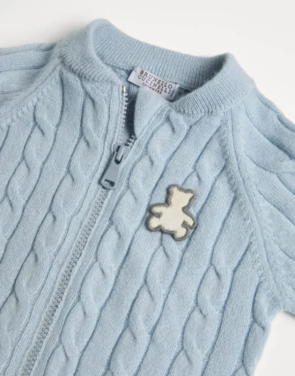 Newborn (0-24 Mesi)-Brunello Cucinelli Cardigan Baby Bernie in cashmere a treccia con zip Ice (C9499)