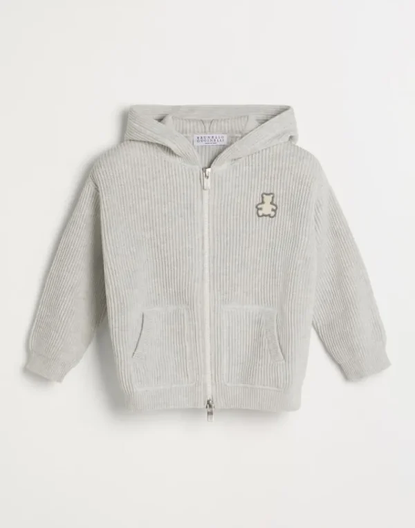 Ready To Wear (2-6 Anni)-Brunello Cucinelli Cardigan Bernie in cotone costa inglese con cappuccio e zip Nebbia (C2719)