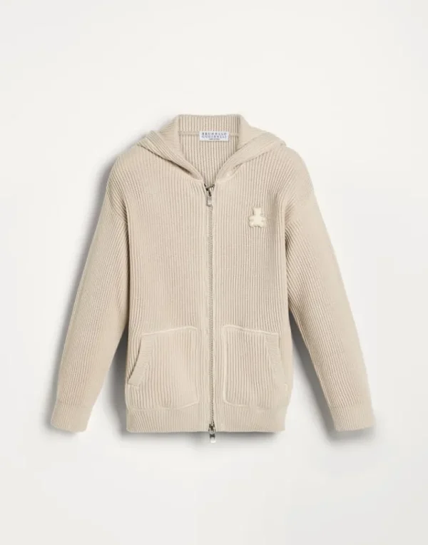 Ready To Wear (2-6 Anni)-Brunello Cucinelli Cardigan Bernie in cotone costa inglese con cappuccio e zip Avena (CU276)