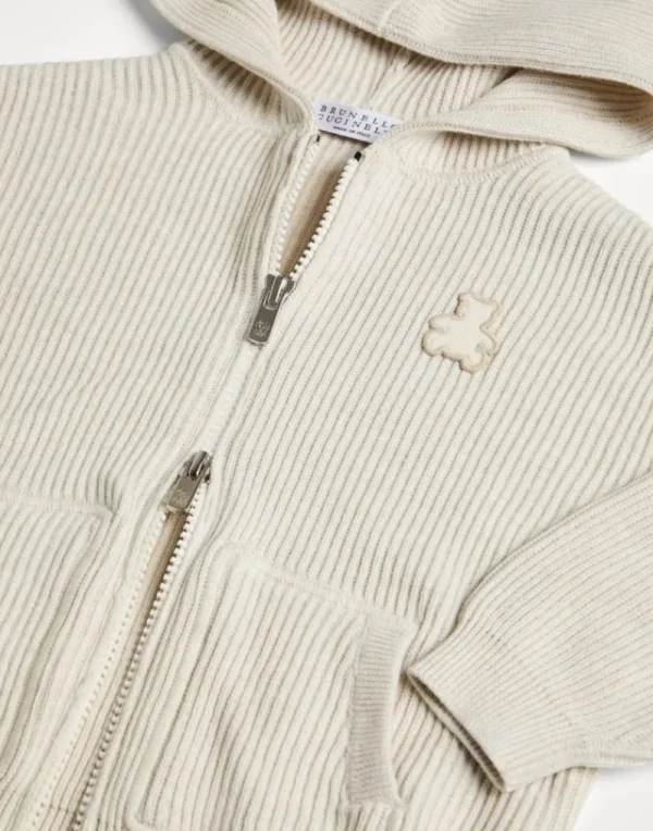 Ready To Wear (2-6 Anni)-Brunello Cucinelli Cardigan Bernie in cotone costa inglese con cappuccio e zip Avena (C2430)