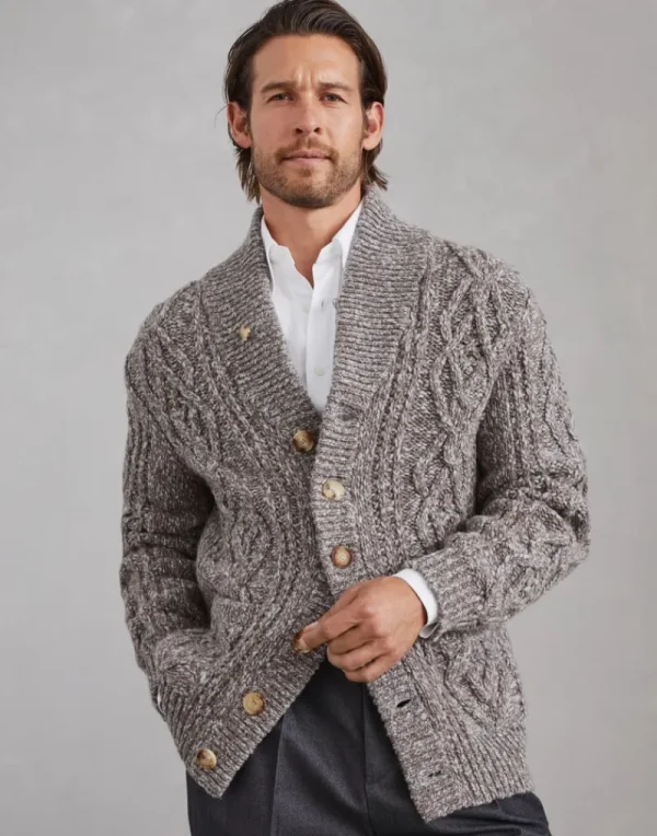 Maglieria-Brunello Cucinelli Cardigan bottonato in lana vergine soft e cashmere a treccia Marrone (C4053)