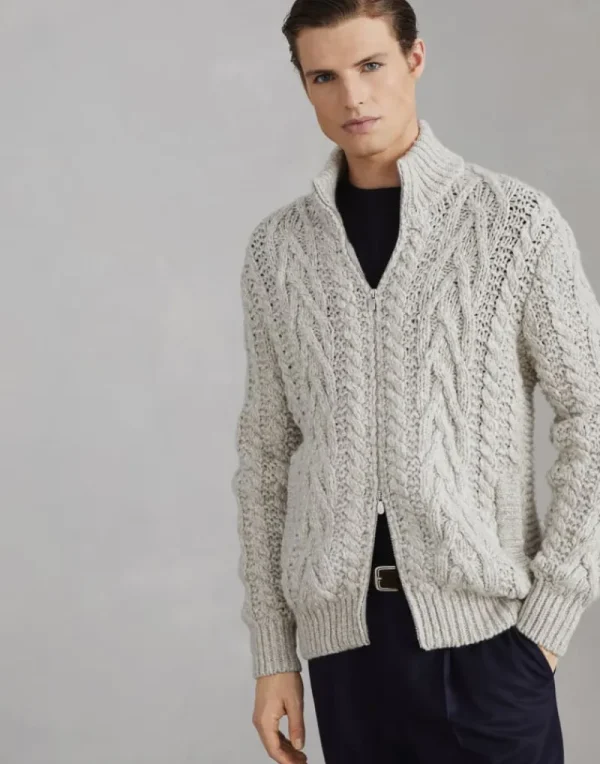 Maglieria-Brunello Cucinelli Cardigan bottonato in lana vergine soft e cashmere a treccia con zip Naturale (C4145)