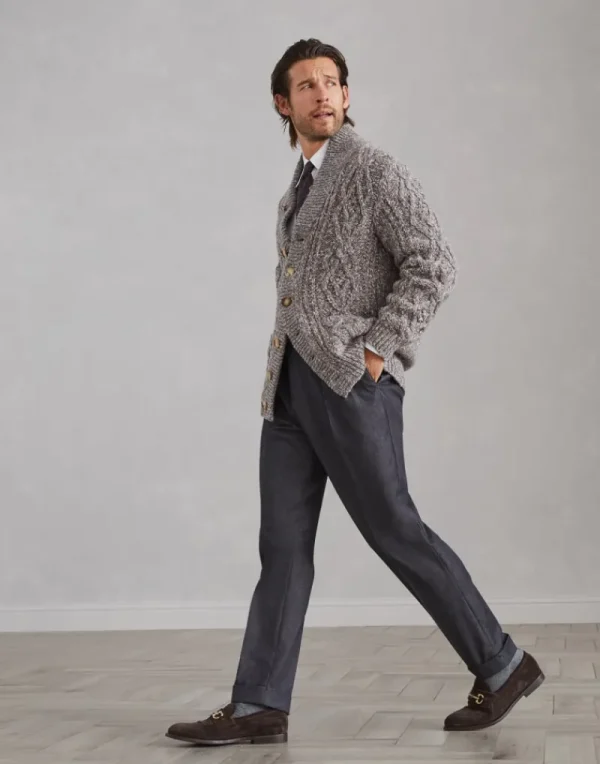 Maglieria-Brunello Cucinelli Cardigan bottonato in lana vergine soft e cashmere a treccia Marrone (C4053)