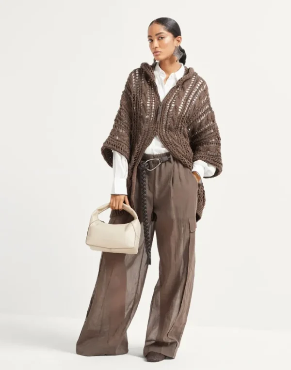 Maglieria-Brunello Cucinelli Cardigan Cable & Mesh in juta e cotone con cappuccio e Shiny Zipper Pull Cioccolato (C8705)