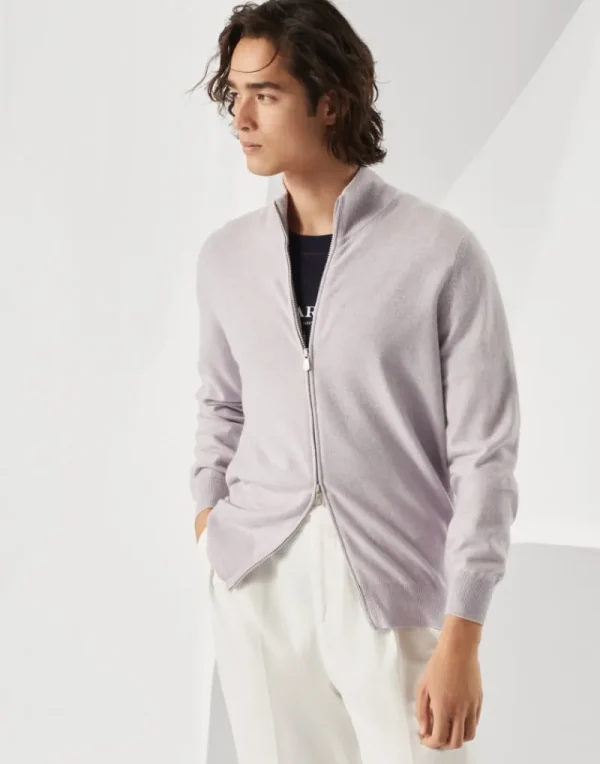 Maglieria-Brunello Cucinelli Cardigan collo alto in cashmere con zip Lavanda (CFZ34)