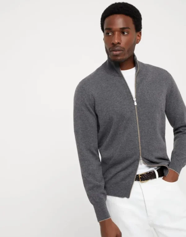 Maglieria-Brunello Cucinelli Cardigan collo alto in cashmere con zip Piombo (CO218)