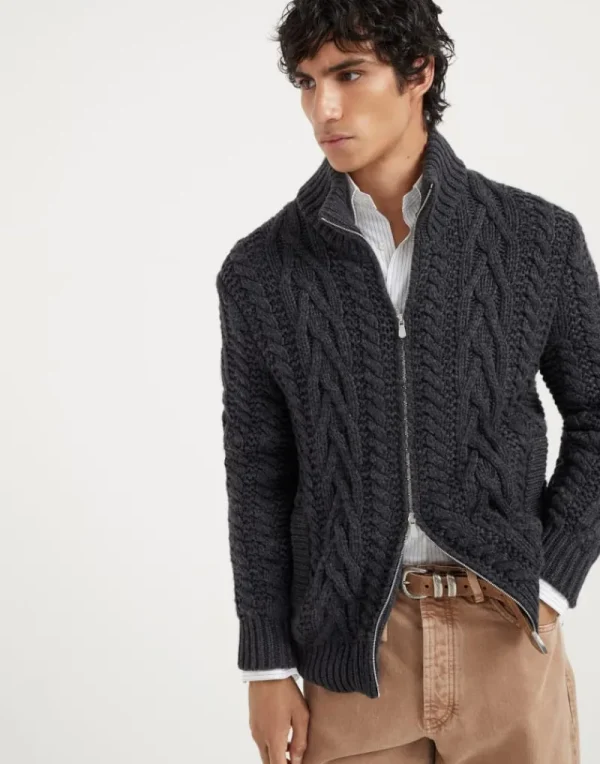 Maglieria-Brunello Cucinelli Cardigan collo alto Irish Cable in cashmere Antracite (C2803)