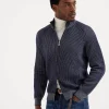 Maglieria-Brunello Cucinelli Cardigan collo alto vanisé in cashmere costa inglese con zip Blu Marine (CS095)