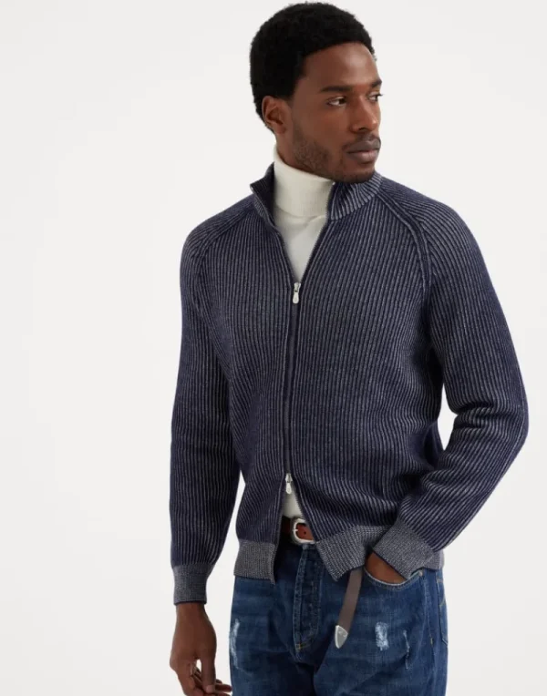 Maglieria-Brunello Cucinelli Cardigan collo alto vanisé in cashmere costa inglese con zip Blu Marine (CS095)