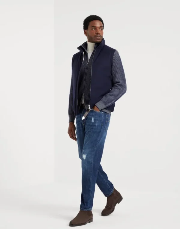 Maglieria-Brunello Cucinelli Cardigan collo alto vanisé in cashmere costa inglese con zip Blu Marine (CS095)