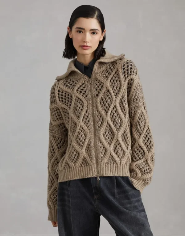 Maglieria-Brunello Cucinelli Cardigan Dazzling Net & Cable in cashmere Piuma Marrone (CVN19)