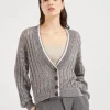 Maglieria-Brunello Cucinelli Cardigan Dazzling Ribbed Net in lino Grigio Medio (CDD25)