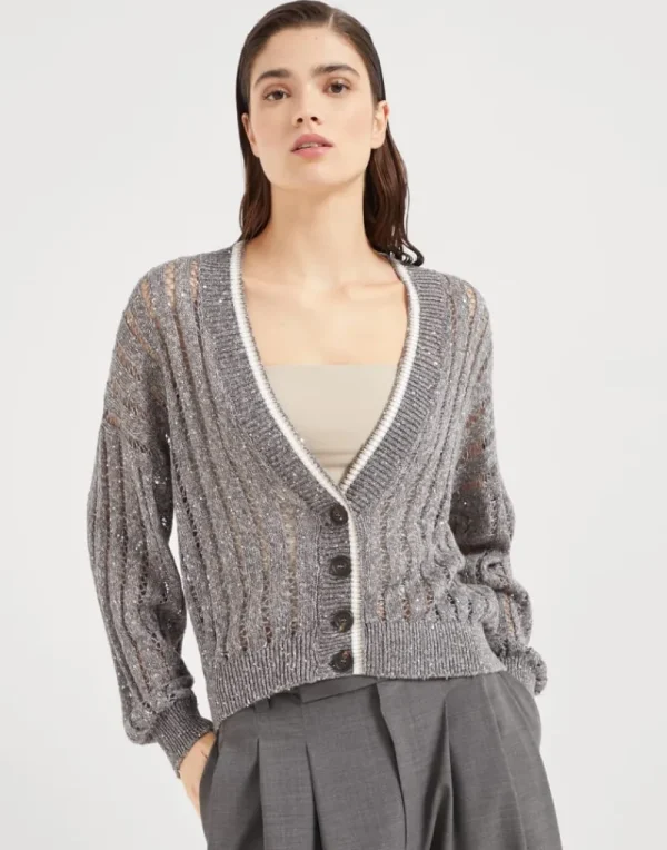 Maglieria-Brunello Cucinelli Cardigan Dazzling Ribbed Net in lino Grigio Medio (CDD25)