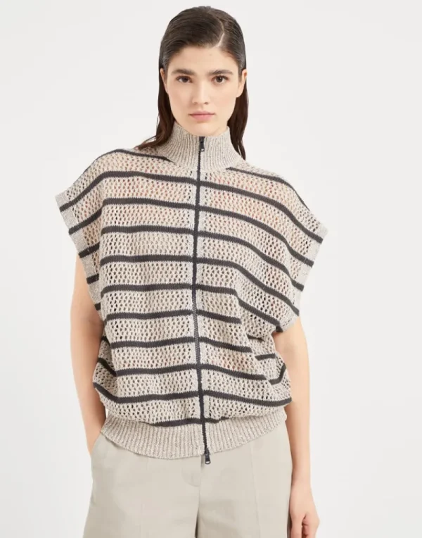 Maglieria-Brunello Cucinelli Cardigan Dazzling Striped Net in lino Grigio Chiaro (CHI53)