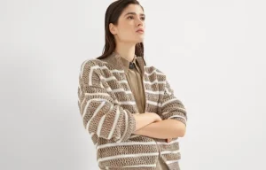 Maglieria-Brunello Cucinelli Cardigan Dazzling Striped Net in lino Biscotto (CKE88)