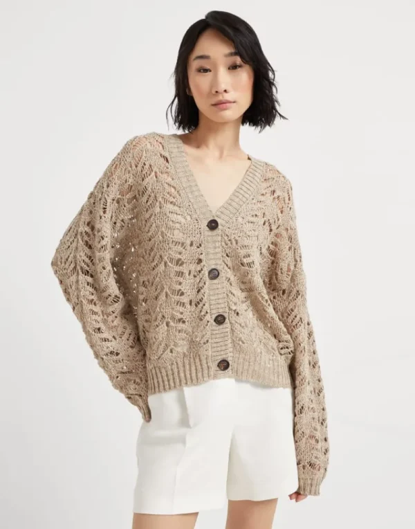 Maglieria-Brunello Cucinelli Cardigan Foliage Lace in lino e seta Diamante Beige (C3785)