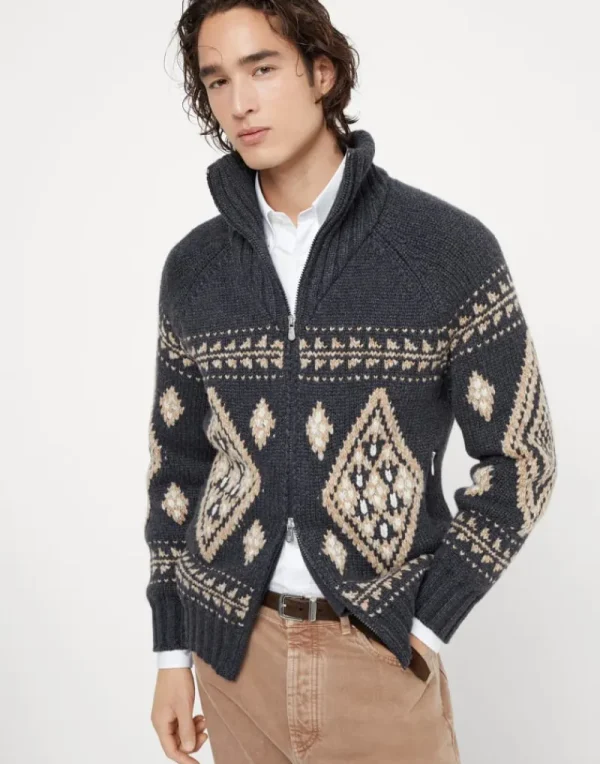 Maglieria-Brunello Cucinelli Cardigan Geometric Jacquard in cashmere Piuma con zip Antracite (CKN81)