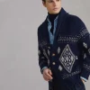 Maglieria-Brunello Cucinelli Cardigan Geometric Jacquard in cashmere Piuma con collo sciallato Indaco (CIE15)