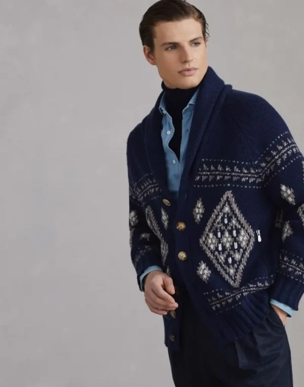 Maglieria-Brunello Cucinelli Cardigan Geometric Jacquard in cashmere Piuma con collo sciallato Indaco (CIE15)