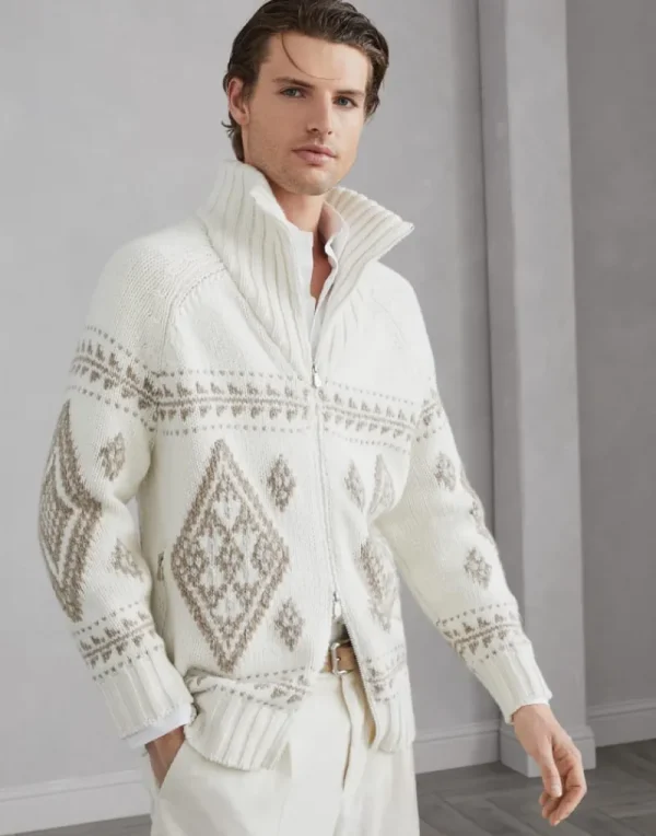 Maglieria-Brunello Cucinelli Cardigan Geometric Jacquard in cashmere Piuma con zip Panama (CII73)