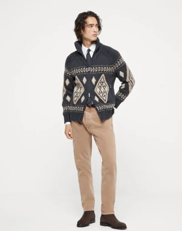 Maglieria-Brunello Cucinelli Cardigan Geometric Jacquard in cashmere Piuma con zip Antracite (CKN81)