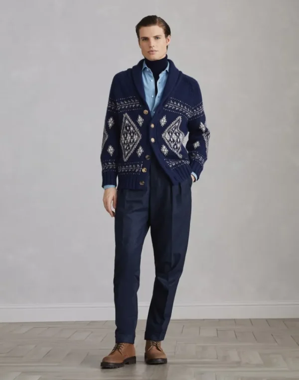 Maglieria-Brunello Cucinelli Cardigan Geometric Jacquard in cashmere Piuma con collo sciallato Indaco (CIE15)