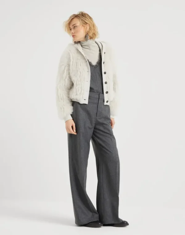 Capospalla-Brunello Cucinelli Cardigan in cashmere con inserti in shearling e cappuccio Grigio Perla (CXB69)