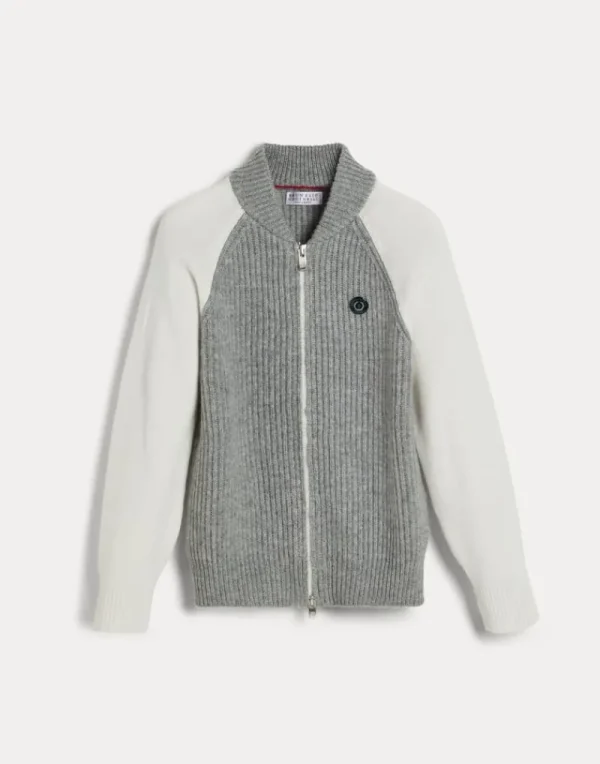 Maglieria-Brunello Cucinelli Cardigan in cashmere costa inglese con manica raglan in contrasto e spille Grigio (CP157)