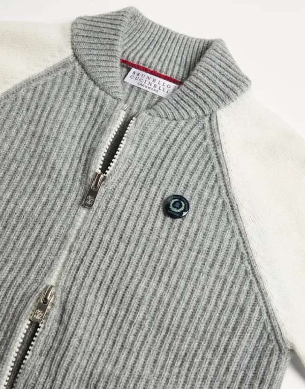 Maglieria-Brunello Cucinelli Cardigan in cashmere costa inglese con manica raglan in contrasto e spille Grigio (CP157)