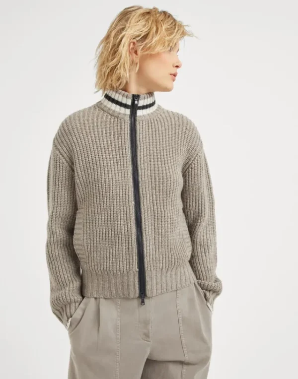 Maglieria-Brunello Cucinelli Cardigan in cashmere Piuma costa inglese con Shiny Trims Tortora (CVO41)