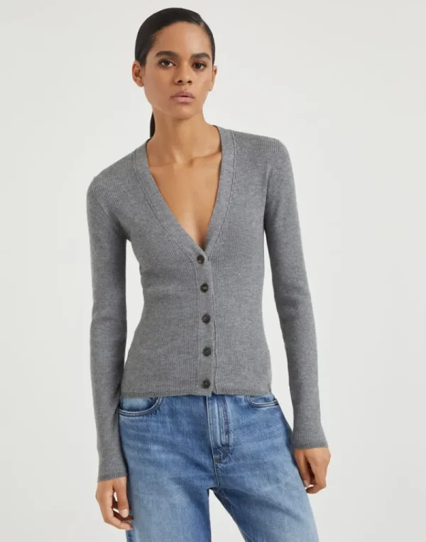 Maglieria-Brunello Cucinelli Cardigan in cashmere Sparkling a coste Piombo (C079)