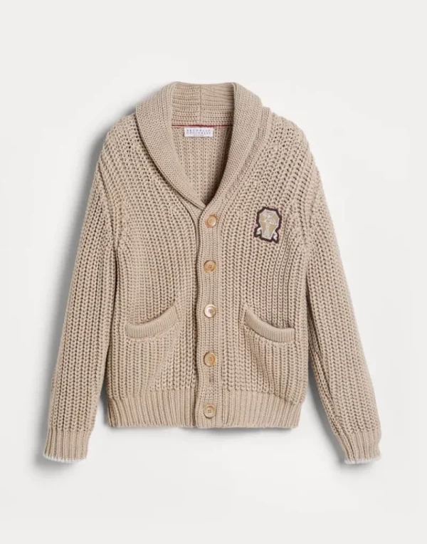 Maglieria-Brunello Cucinelli Cardigan in cotone costa inglese con patch Beige (CLB17)