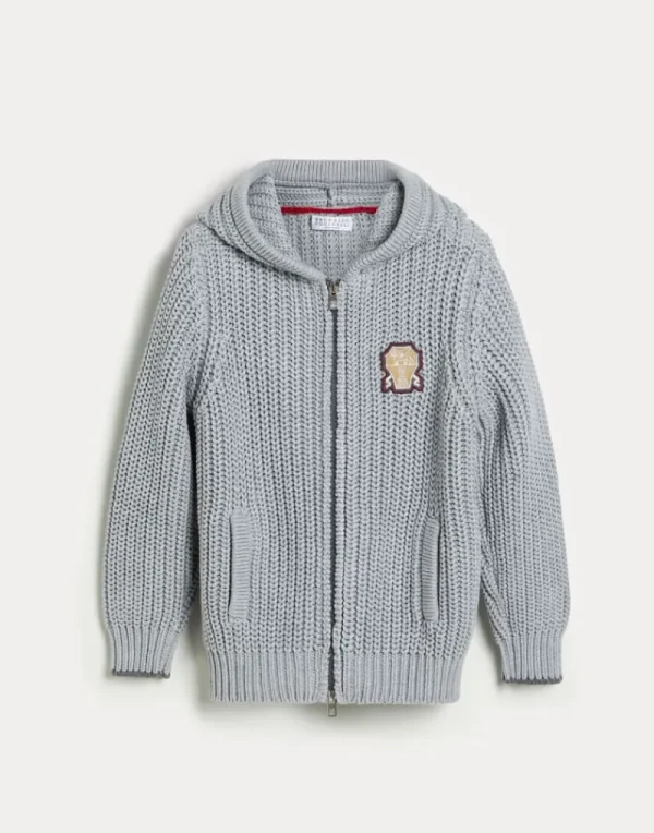 Maglieria-Brunello Cucinelli Cardigan in cotone costa inglese con cappuccio, zip e patch Grigio (CG73)