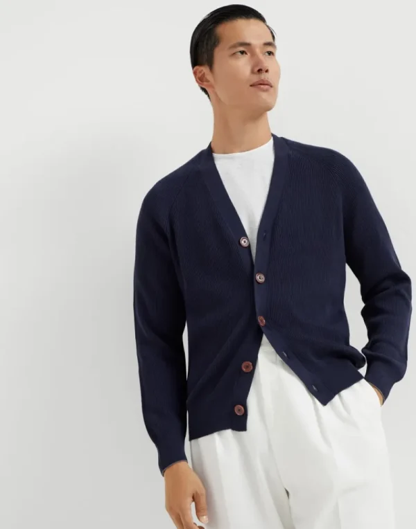 Maglieria-Brunello Cucinelli Cardigan in cotone costa inglese con manica raglan Blu Navy (CW425)