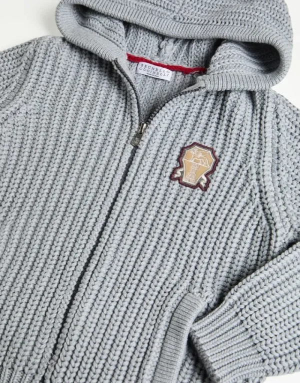 Maglieria-Brunello Cucinelli Cardigan in cotone costa inglese con cappuccio, zip e patch Grigio (CG73)