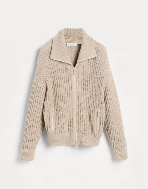 Maglieria-Brunello Cucinelli Cardigan in cotone Dazzling a coste con zip Beige (C059)