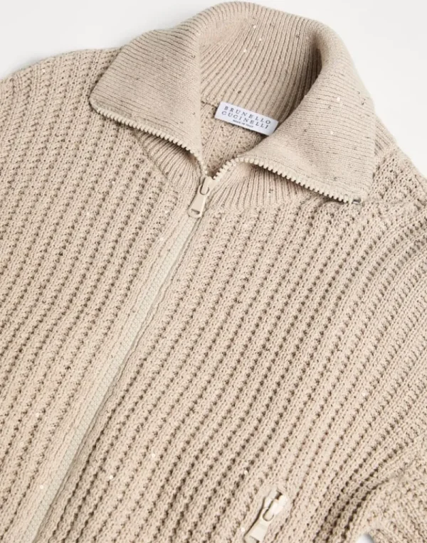 Maglieria-Brunello Cucinelli Cardigan in cotone Dazzling a coste con zip Beige (C059)