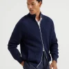 Maglieria-Brunello Cucinelli Cardigan in cotone malfilé costa inglese con manica raglan e zip Blu Navy (C2425)