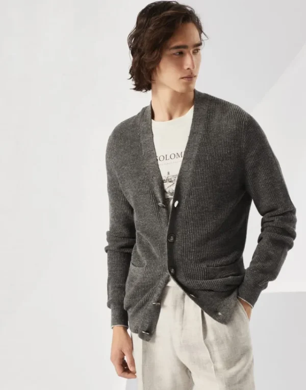 Maglieria-Brunello Cucinelli Cardigan in lino e cotone mezza costa inglese con bottoni in metallo Grigio Scuro (COR69)