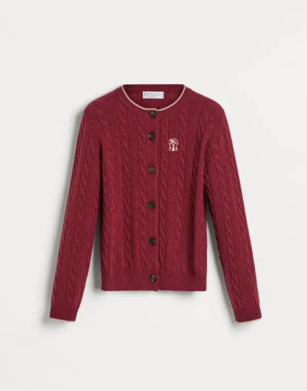 Maglieria-Brunello Cucinelli Cardigan in maglia di cashmere a treccia con logo ricamato Rosso (CQI64)