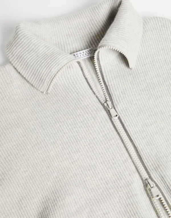 Maglieria-Brunello Cucinelli Cardigan in maglia di cashmere costa inglese con zip e monile Nebbia (C2719)